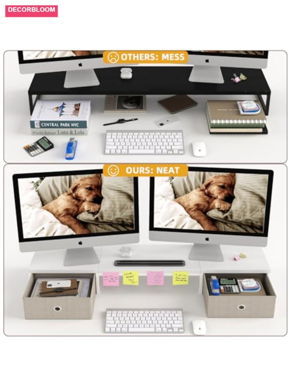 39 Inch Dual Monitor Stand Riser with 2 Drawers, Ergonomic Computer Desk - Picture 4 of 6